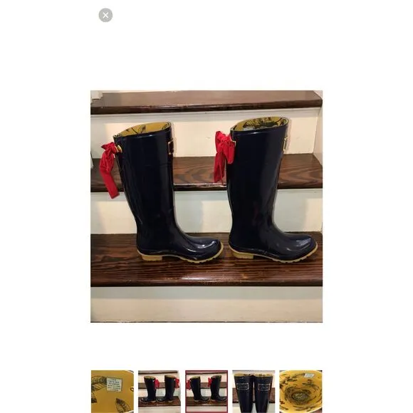 JOULES EVEDON Navy Blue Tall Rain Boots with Red Bows US Sz 8