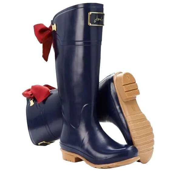 JOULES EVEDON Navy Blue Tall Rain Boots with Red Bows US Sz 8