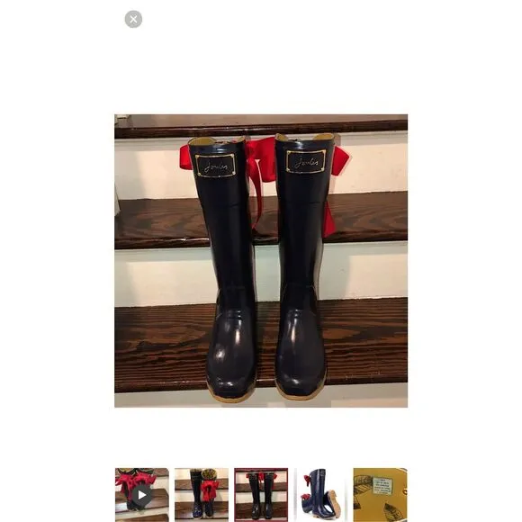 JOULES EVEDON Navy Blue Tall Rain Boots with Red Bows US Sz 8