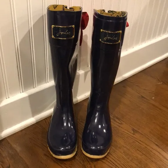 JOULES Navy Blue Tall Rain Boots with Red Bow and Toile Lining Size 9