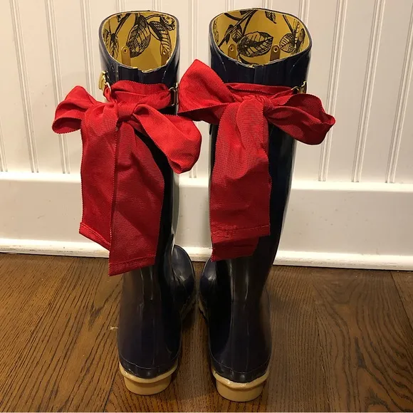 JOULES Navy Blue Tall Rain Boots with Red Bow and Toile Lining Size 9