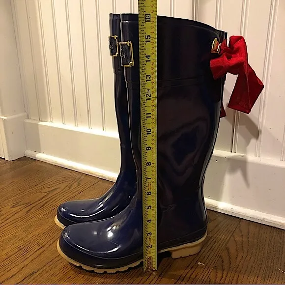JOULES Navy Blue Tall Rain Boots with Red Bow and Toile Lining Size 9