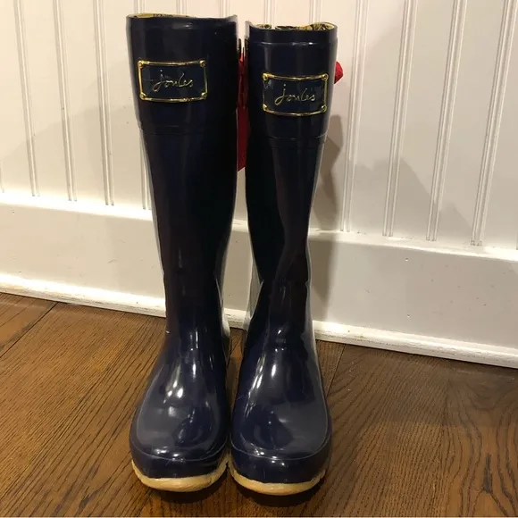 JOULES Navy Blue Tall Rain Boots with Red Bow and Toile Lining Size 9