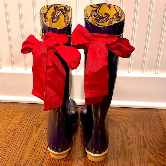 JOULES Navy Blue Tall Rain Boots with Red Bow and Toile Lining Size 9