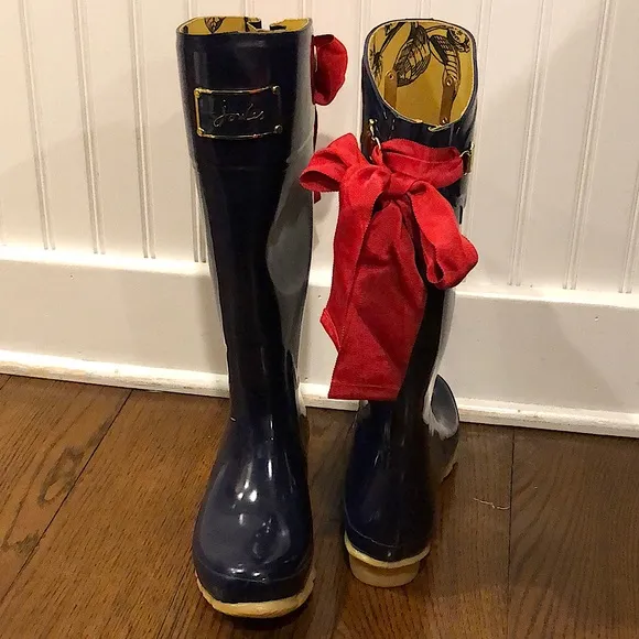 JOULES Navy Blue Tall Rain Boots with Red Bow and Toile Lining Size 9