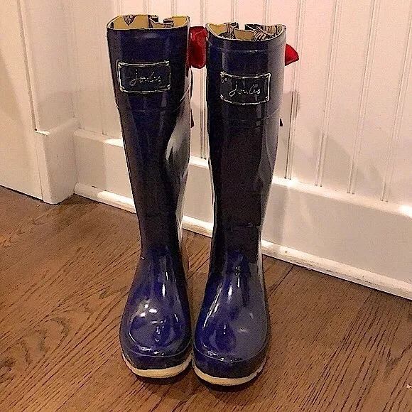 JOULES Navy Blue Tall Rain Boots with Red Bow and Toile Lining Size 9