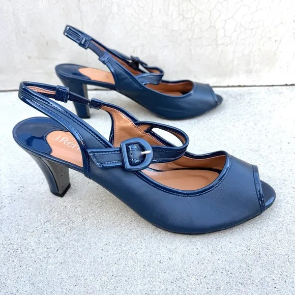 J.RENEE navy Blue pumps Mary jane Slingback heels peep toe NEVERN leather silver