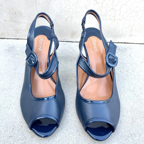 J.RENEE navy Blue pumps Mary jane Slingback heels peep toe NEVERN leather silver