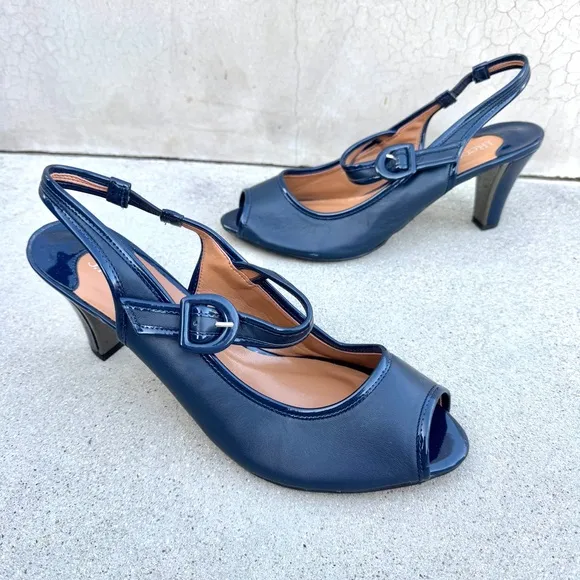 J.RENEE navy Blue pumps Mary jane Slingback heels peep toe NEVERN leather silver
