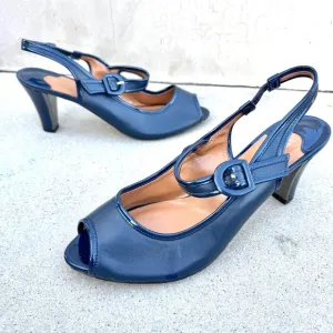 J.RENEE navy Blue pumps Mary jane Slingback heels peep toe NEVERN leather silver