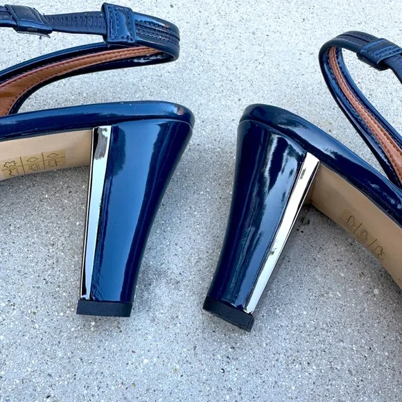 J.RENEE navy Blue pumps Mary jane Slingback heels peep toe NEVERN leather silver