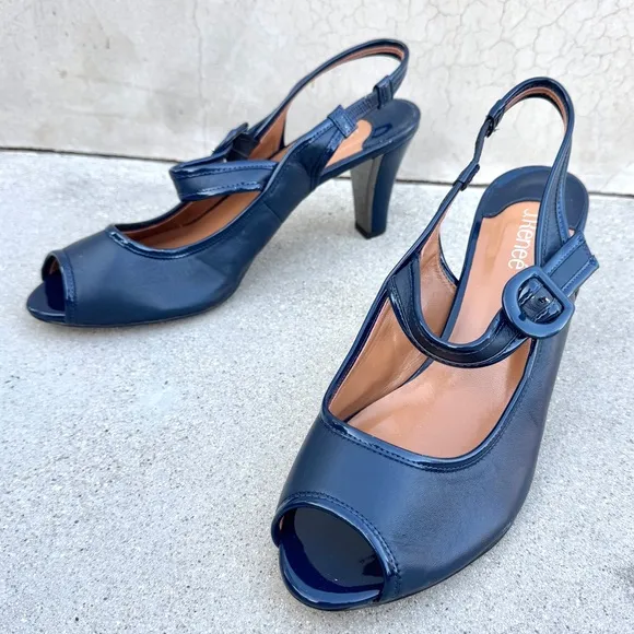J.RENEE navy Blue pumps Mary jane Slingback heels peep toe NEVERN leather silver