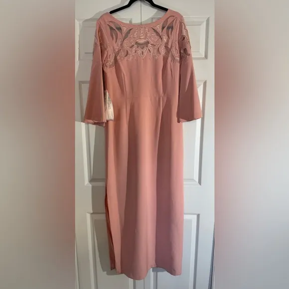 JS Collections Embellished Boat Neck 3/4 Flare Sleeve Solid Stretch Crepe Dress