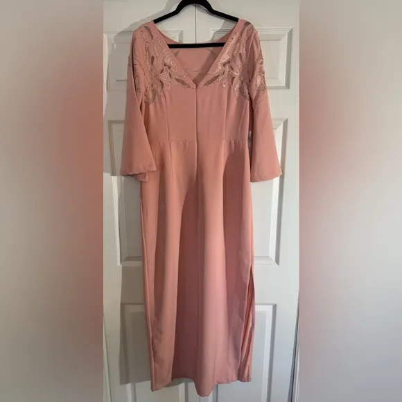 JS Collections Embellished Boat Neck 3/4 Flare Sleeve Solid Stretch Crepe Dress