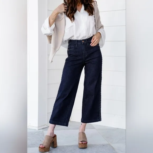Judy Blue HR Braided Side Seam Wide Leg Straight Cropped Jeans Regular Plus NEW