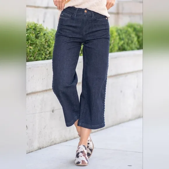 Judy Blue HR Braided Side Seam Wide Leg Straight Cropped Jeans Regular Plus NEW