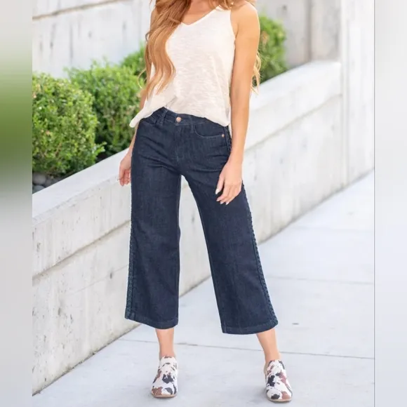 Judy Blue HR Braided Side Seam Wide Leg Straight Cropped Jeans Regular Plus NEW