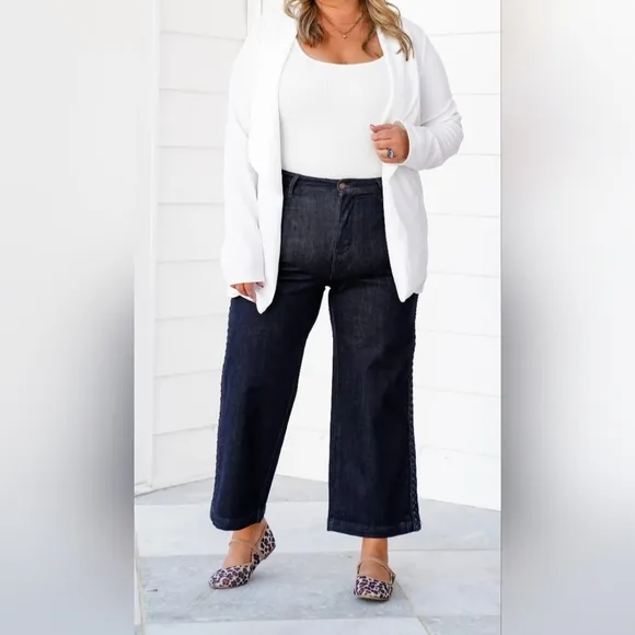 Judy Blue HR Braided Side Seam Wide Leg Straight Cropped Jeans Regular Plus NEW