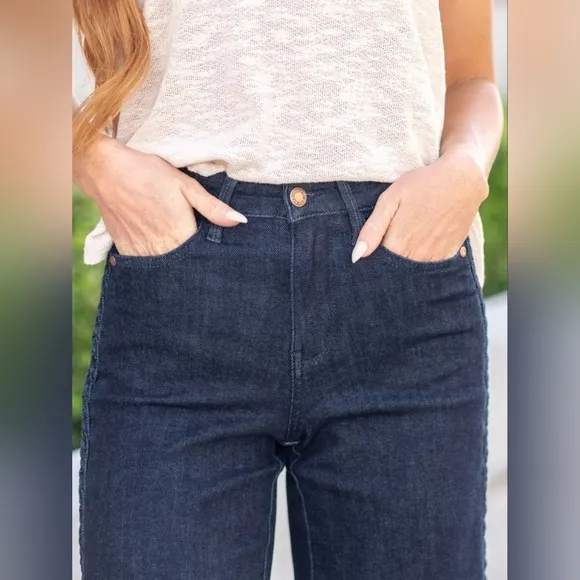 Judy Blue HR Braided Side Seam Wide Leg Straight Cropped Jeans Regular Plus NEW