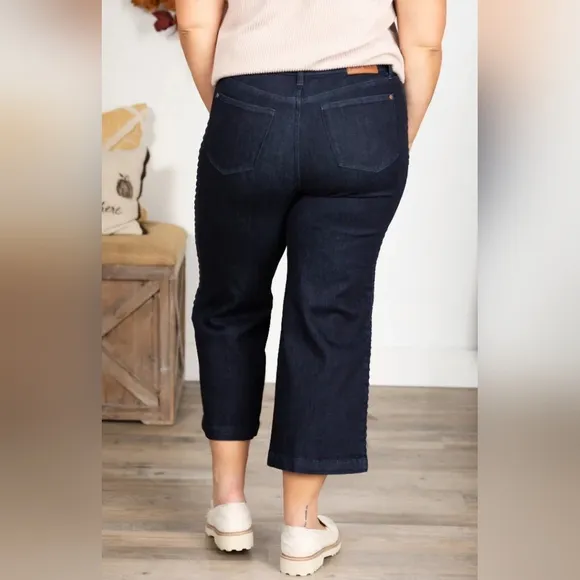 Judy Blue HR Braided Side Seam Wide Leg Straight Cropped Jeans Regular Plus NEW