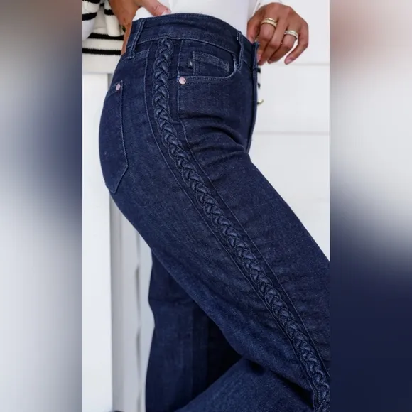 Judy Blue HR Braided Side Seam Wide Leg Straight Cropped Jeans Regular Plus NEW