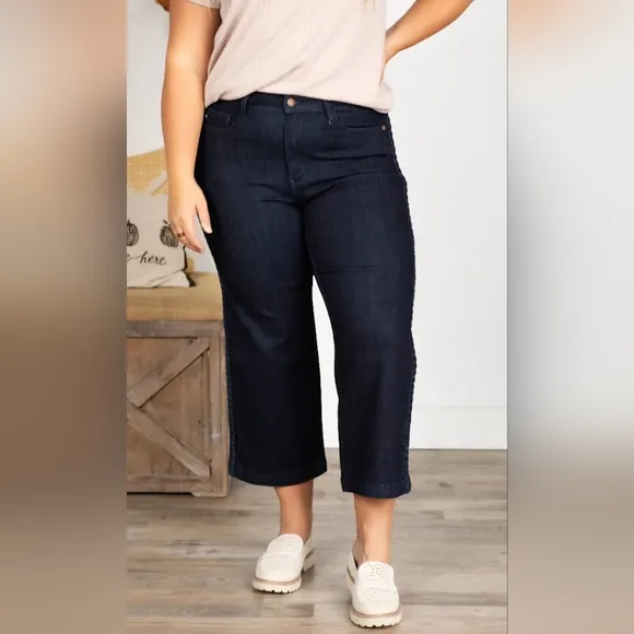 Judy Blue HR Braided Side Seam Wide Leg Straight Cropped Jeans Regular Plus NEW