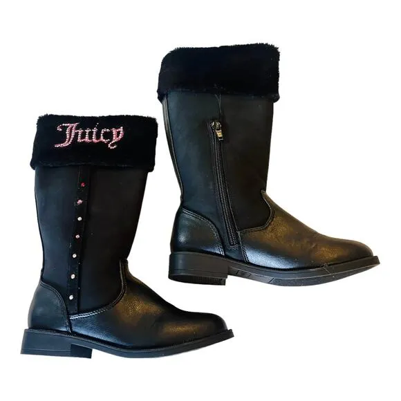 Juicy Couture LOOMIS BOOTS Little Girls 12 Black Vegan Suede Warm Sherpa Fur NEW