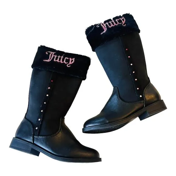 Juicy Couture LOOMIS BOOTS Little Girls 12 Black Vegan Suede Warm Sherpa Fur NEW