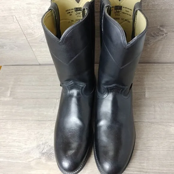 Justin Basics Temple Cowboy Boots Men Size 13EE Black Leather 10&quot; Roper JB3000