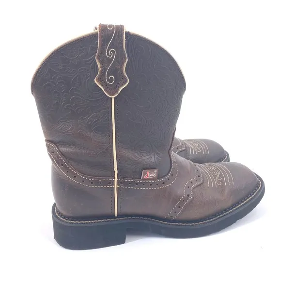 Justin Brown Flower Embossed Boots Size 9B Leather Western Cowboy Work Boots