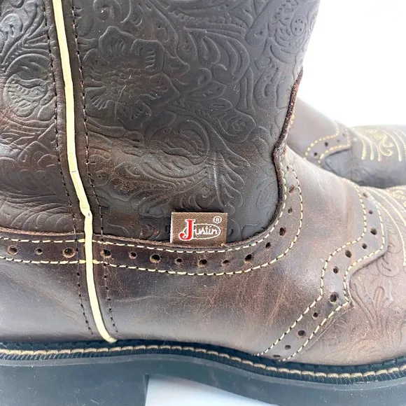 Justin Brown Flower Embossed Boots Size 9B Leather Western Cowboy Work Boots