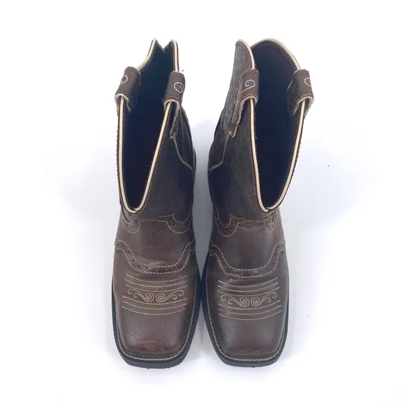 Justin Brown Flower Embossed Boots Size 9B Leather Western Cowboy Work Boots