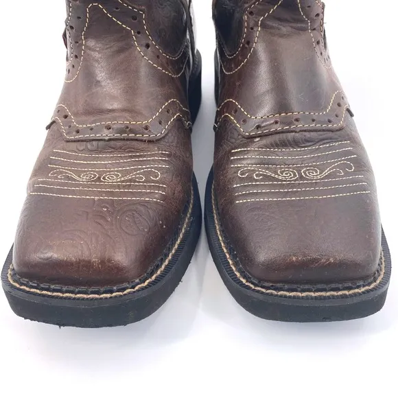 Justin Brown Flower Embossed Boots Size 9B Leather Western Cowboy Work Boots