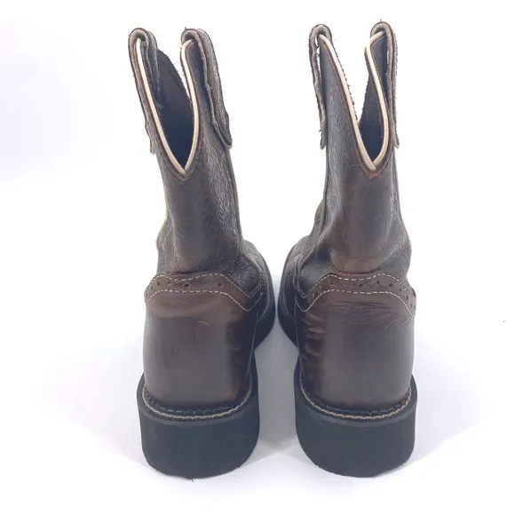 Justin Brown Flower Embossed Boots Size 9B Leather Western Cowboy Work Boots
