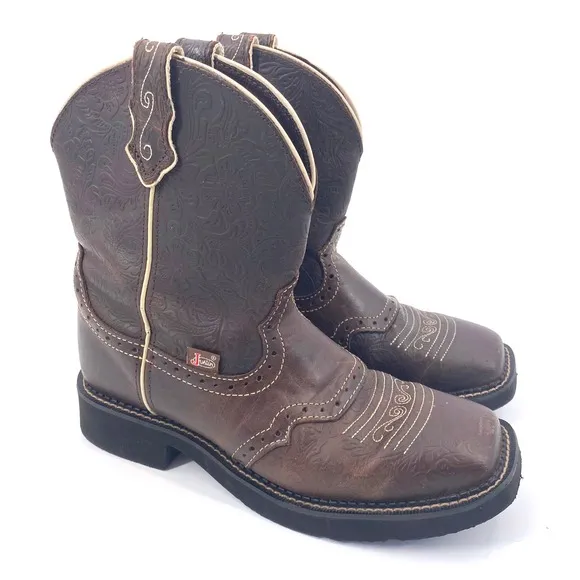 Justin Brown Flower Embossed Boots Size 9B Leather Western Cowboy Work Boots