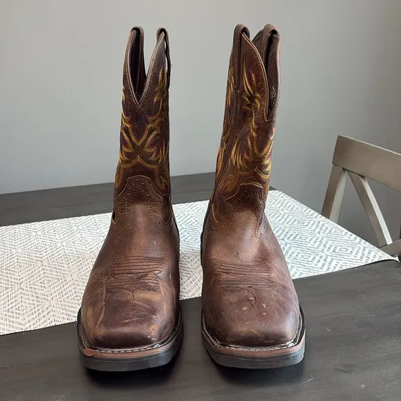 Justin Brown Leather Steel Toe Cowboy Work Boots Size 12 Square Toe