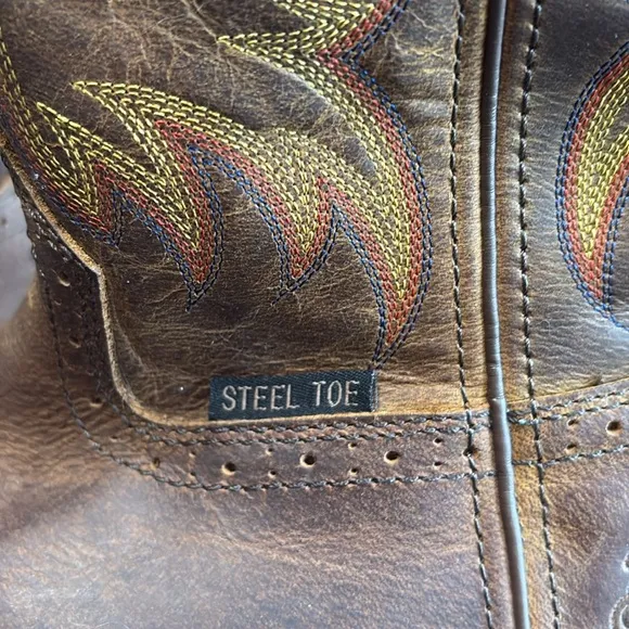 Justin Brown Leather Steel Toe Cowboy Work Boots Size 12 Square Toe