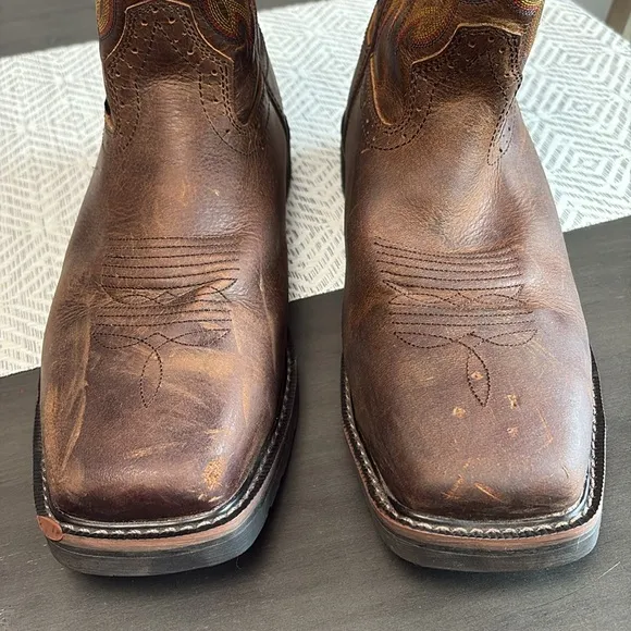 Justin Brown Leather Steel Toe Cowboy Work Boots Size 12 Square Toe