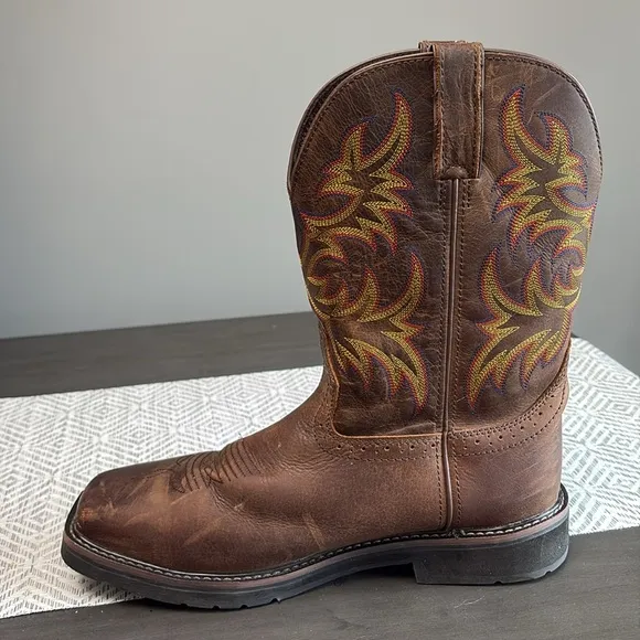 Justin Brown Leather Steel Toe Cowboy Work Boots Size 12 Square Toe