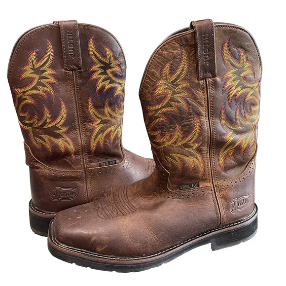 Justin Brown Leather Steel Toe Cowboy Work Boots Size 12 Square Toe