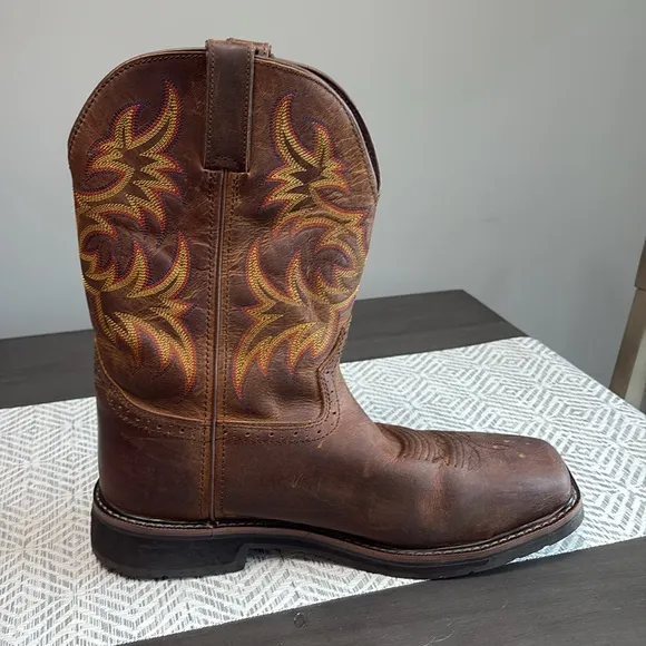 Justin Brown Leather Steel Toe Cowboy Work Boots Size 12 Square Toe