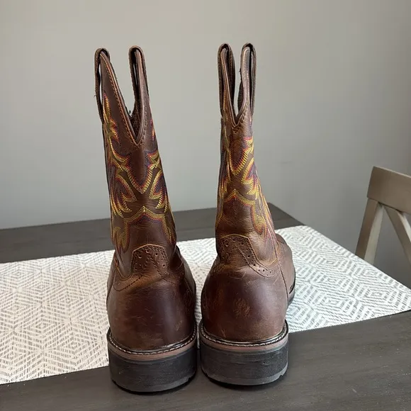 Justin Brown Leather Steel Toe Cowboy Work Boots Size 12 Square Toe