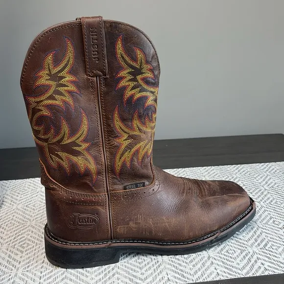Justin Brown Leather Steel Toe Cowboy Work Boots Size 12 Square Toe