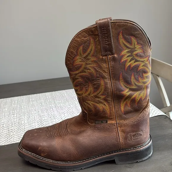 Justin Brown Leather Steel Toe Cowboy Work Boots Size 12 Square Toe