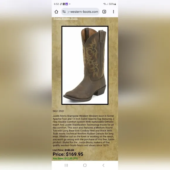JUSTIN Brown Western Boots Size 11D Mens