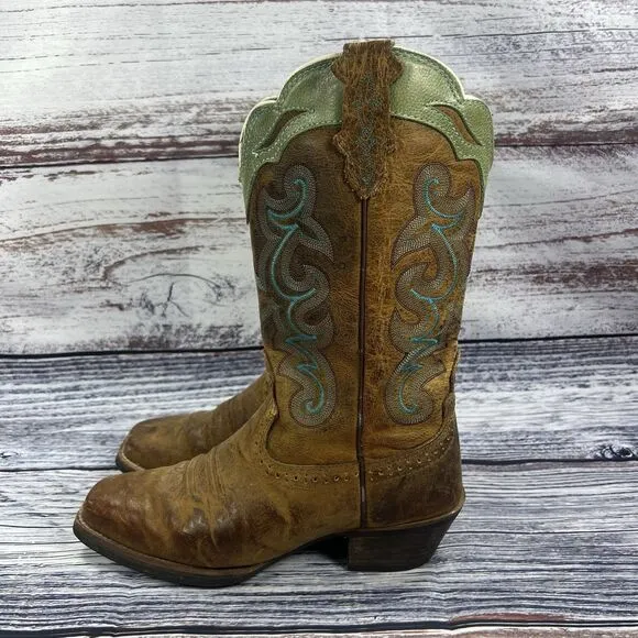 Justin Sevana Brown &amp; Green Leather Square Toe Western Boots SVL7312 Women’s 9