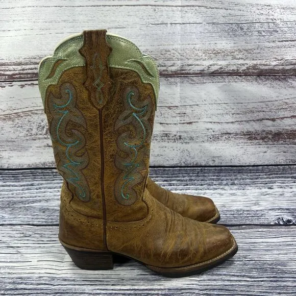 Justin Sevana Brown &amp; Green Leather Square Toe Western Boots SVL7312 Women’s 9
