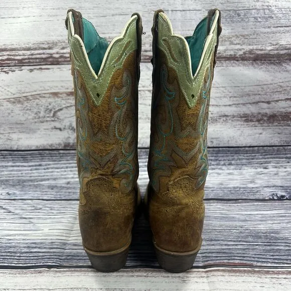 Justin Sevana Brown &amp; Green Leather Square Toe Western Boots SVL7312 Women’s 9