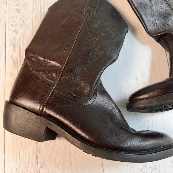 Justin Western Cowboy Boots Men's Size 10D–Dark Brown Grain Leather, Pointed Toe