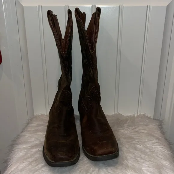 JUSTIN WOMEN'S SQUARE TOE STAMPEDE WESTERN BOOTS 10B scalloped top